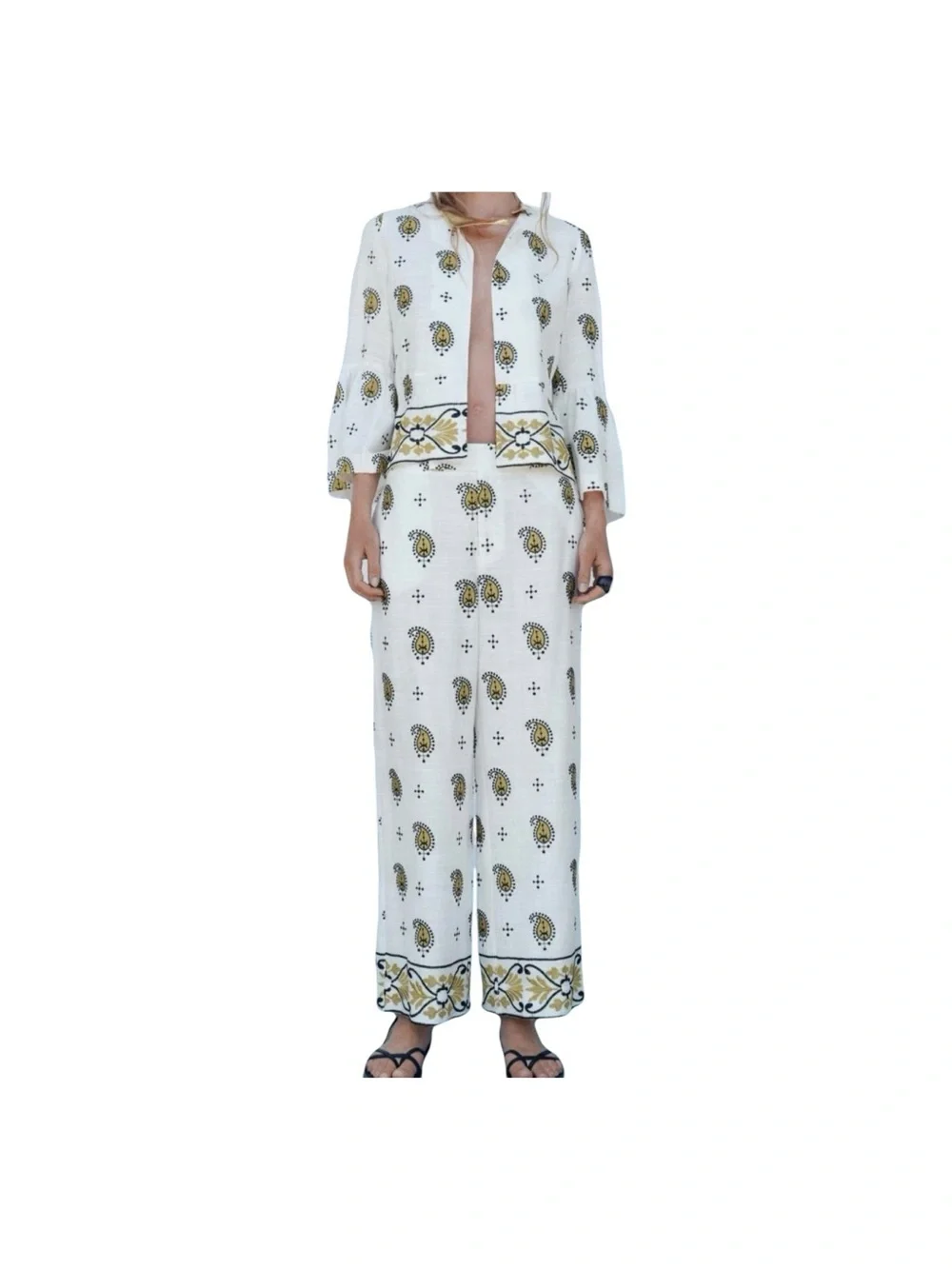 ZARA. White Yellow Embroidered Linen Blend Wide Leg Pants Side Pockets XL